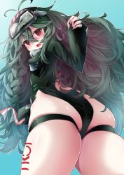 Rule 34 | 1girl, @ @, ass, ass focus, azur lane, blush, bodysuit, dark green hair, diving mask, diving mask on head, diving suit, from behind, goggles, goggles on head, highleg, highleg swimsuit, highres, leer.meer, leg tattoo, long hair, looking at viewer, looking back, one-piece swimsuit, open mouth, shiny skin, skindentation, solo, standing, swimsuit, tattoo, thighs, torricelli (azur lane), wetsuit