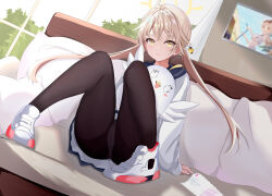 Rule 34 | 1girl, absurdres, arm support, black pantyhose, blue archive, blue sailor collar, cardigan, couch, drawing (object), hair flaps, hair ornament, halo, hifumi (blue archive), hifumi (swimsuit) (blue archive), highres, indoors, lacia, light brown hair, long hair, looking at viewer, low twintails, on couch, panties, panties under pantyhose, pantyhose, pantyshot, pillow, pleated skirt, sailor collar, shoes, sitting, skirt, smile, sneakers, solo, stuffed animal, stuffed toy, twintails, underwear, upskirt, white cardigan, white footwear, white panties, window, yellow eyes, yellow halo