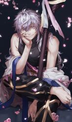 Rule 34 | 1boy, barefoot, black pants, black shirt, cherry blossoms, crossed bangs, face in hands, falling petals, fate (series), grey eyes, grey hair, grin, holding, holding staff, long hair, looking at viewer, male focus, merlin (fate), pants, petals, pon52io, robe, shirt, sitting, smile, solo, staff, toenails, white robe