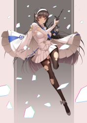 Rule 34 | 1girl, absurdres, ankle bow, ankle ribbon, assault rifle, black hair, black pantyhose, blouse, blunt bangs, border, bow, breasts, brown background, bullpup, cape, chromatic aberration, closed mouth, commentary request, flower, full body, girls&#039; frontline, gloves, gun, hair flower, hair ornament, hairband, highres, holding, holding gun, holding weapon, koyaya, large breasts, leg ribbon, long hair, pantyhose, pink border, qbz-95, ribbon, rifle, running, shards, shirt, skirt, solo, tassel, torn clothes, torn pantyhose, type 95 (girls&#039; frontline), very long hair, weapon, white footwear, white gloves, white hairband, white shirt, white skirt, yellow eyes