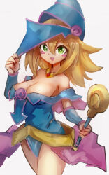 1girl blonde_hair blue_dress breasts cleavage dark_magician_girl dress duel_monster green_eyes hat hatano_kiyoshi highres holding holding_wand large_breasts looking_at_viewer smile solo wand witch_hat yu-gi-oh!