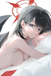 Rule 34 | 1girl, absurdres, arm support, armpit crease, black choker, black hair, black wings, blue archive, blue eyes, breasts, choker, cleavage, closed mouth, commentary, completely nude, feathered wings, halo, highres, hugging object, ichika (blue archive), light smile, looking at viewer, lying, matcha (matttttya1), medium breasts, neckerchief, nude, on stomach, pillow, pillow hug, red halo, red neckerchief, simple background, solo, swept bangs, unworn neckerchief, upper body, white background, wings