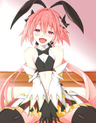 Rule 34 | 1boy, animal ears, astolfo (fate), astolfo (saber) (fate), bare shoulders, black bow, black gloves, black ribbon, blush, bow, bowtie, braid, commentary request, fang, fate/grand order, fate (series), gloves, hair between eyes, hair bow, hair intakes, hair ornament, hair ribbon, highres, long hair, long sleeves, looking at viewer, male focus, multicolored hair, navel, pink hair, purple eyes, rabbit ears, ribbon, sang youmu, solo, streaked hair, trap, twintails, white hair