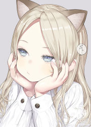 Rule 34 | 1girl, animal ear fluff, animal ears, artist name, capriccio, cat ears, closed mouth, commentary request, grey background, grey eyes, hands up, head in hand, head rest, light brown hair, long hair, long sleeves, looking away, looking to the side, original, parted bangs, shirt, simple background, solo, translated, upper body, white shirt