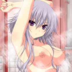 1girl arms_up breasts female_focus frown izayoi_sakuya large_breasts long_hair looking_at_viewer md5_mismatch nipples purple_eyes short_hair silver_hair solo steam touhou umyonge_(lkakeu) upper_body