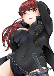 Rule 34 | 1girl, arm up, black coat, black leotard, blush, breasts, chain, cleavage, coat, covered navel, flower, highres, leotard, long coat, long sleeves, matching hair/eyes, medium breasts, nemu (nebusokugimi), open mouth, persona, persona 5, ponytail, red eyes, red hair, rose, smile, solo, sword, upper body, weapon, yoshizawa kasumi