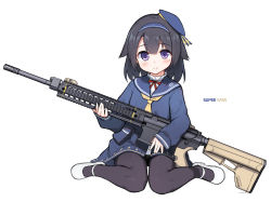 Rule 34 | 1girl, aged down, black hair, black pantyhose, blue hairband, blue headwear, blue sailor collar, blue shirt, blue skirt, bow, character name, commentary request, full body, girls&#039; frontline, gun, hagi (ame hagi), hair flaps, hairband, hat, highres, looking at viewer, mole, name connection, neckerchief, object namesake, pantyhose, photoshop (medium), purple eyes, red bow, sailor collar, shirt, shoes, short hair, simple background, sitting, skirt, smile, solo, super sass, super sass (girls&#039; frontline), wariza, weapon, white background, white footwear, yellow neckerchief