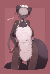 Rule 34 | 1girl, apron, averting eyes, bare shoulders, black skin, blush, box, box of chocolates, breasts, candy, chocolate, chocolate bar, colored skin, curled horns, dark-skinned female, dark skin, food, food in mouth, happy valentine, highres, holding, holding box, holding chocolate, holding food, horns, ill (ub1mo), large breasts, light blush, looking to the side, mechanical arms, naked apron, original, shiny skin, short hair, sideboob, silver hair, solo, tail, ub1mo, valentine, yellow eyes