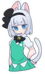 Rule 34 | 1girl, angry, animal ears, black bow, black bowtie, blue eyes, bob cut, bow, bowtie, cat ears, cat tail, collared shirt, green skirt, green vest, highres, konpaku youmu, op na yarou, puffy short sleeves, puffy sleeves, shirt, short hair, short sleeves, simple background, skirt, solo, tail, touhou, v-shaped eyebrows, vest, white background, white hair, white shirt