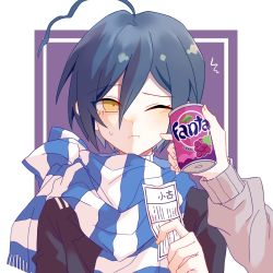 Rule 34 | 2boys, ;(, ahoge, alternate costume, black hair, blue scarf, blush, brown eyes, can, commentary request, danganronpa (series), danganronpa v3: killing harmony, fanta, frown, hair between eyes, hand up, highres, holding, holding can, jacket, liu mu, long sleeves, looking at viewer, male focus, multiple boys, oma kokichi, one eye closed, pale skin, purple background, saihara shuichi, scarf, short hair, solo focus, striped clothes, striped scarf, ticket, upper body, white background, white scarf