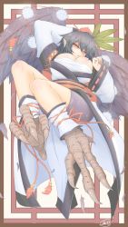 Rule 34 | 1girl, ankle cuffs, arm behind head, artist name, bike shorts, black hair, black shorts, black wings, breasts, cleavage, commentary request, cube85, detached sleeves, hand fan, feathers, harpy, hat, highres, japanese clothes, kimono, kourindou tengu costume, large breasts, leaf, leaf fan, looking at viewer, obi, parted lips, pointy ears, pom pom (clothes), red eyes, sarashi, sash, shameimaru aya, short hair, shorts, slit pupils, solo, talons, tokin hat, touhou, white kimono, white sleeves, wings