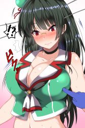 Rule 34 | !?, 1girl, absurdres, ar (lover boy), beret, black hair, blush, bouncing breasts, breast poke, breasts, choker, choukai (kancolle), cleavage, embarrassed, glasses, hair ornament, hat, headgear, highres, kantai collection, large breasts, lips, long hair, midriff, navel, poking, red eyes, remodel (kantai collection), rimless eyewear, solo focus