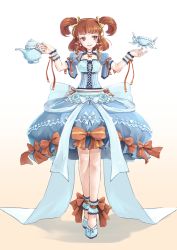 Rule 34 | 1girl, ankle cuffs, blue bow, blue footwear, blue skirt, bow, brown bow, brown eyes, brown hair, bubble skirt, cup, dress bow, earl grey tea, earrings, frills, full body, hair bow, jewelry, matsumura (30003), original, personification, pocketland, shoes, short hair, sidelocks, skirt, smile, solo, standing, teacup, teapot, two side up, white background, wrist cuffs, yellow bow