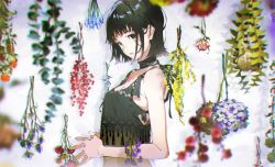 Rule 34 | 1girl, absurdres, antenna hair, bare arms, black eyes, black hair, blurry, breasts, brown hair, choker, chromatic aberration, cleavage, commentary, depth of field, english commentary, floral background, flower, from side, herb bundle, highres, hydrangea, lace, looking at viewer, looking to the side, medium breasts, midriff, mimosa (flower), navel, original, own hands together, parted lips, rose, see-through, short hair, sideboob, sleeveless, solo, steepled fingers, strap gap, upper body, white background, yoneyama mai