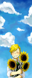 Rule 34 | 00s, 1boy, alphonse elric, bad id, bad pixiv id, blonde hair, blush, cloud, day, flower, fullmetal alchemist, highres, long image, male focus, nyo (couch tomato), short hair, sky, smile, solo, sunflower, tall image