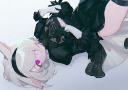 Rule 34 | 1girl, 2b (nier:automata), 2b (nier:automata) (cosplay), absurdres, animal ears, black dress, black hairband, breasts, cat ears, cat girl, cat tail, cleavage cutout, clothing cutout, cosplay, dress, final fantasy, final fantasy xiv, funa (sakana), gloves, hair over one eye, hairband, highres, looking at viewer, lying, miqo&#039;te, nier:automata, nier (series), on back, parted lips, purple eyes, short hair, side slit, sleeves past elbows, small breasts, tail, warrior of light (ff14), white hair