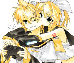 1boy 1girl black_sailor_collar blonde_hair blush_stickers bow controller detached_sleeves game_controller hair_bow headphones highres hynn0x_x kagamine_len kagamine_rin korean_text one_eye_closed sailor_collar shirt single_hair_intake speech_bubble vocaloid