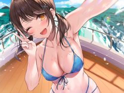 Rule 34 | 1girl, ;d, arm up, armpits, bikini, blue bikini, blue ribbon, blush, boat, breasts, brown hair, cleavage, commentary request, day, front-tie bikini top, front-tie top, hair ornament, highres, hizuki higure, large breasts, light rays, long hair, looking at viewer, navel, ocean, one eye closed, open mouth, orange eyes, original, outdoors, ribbon, smile, solo, stomach, sunbeam, sunlight, swept bangs, swimsuit, twintails, upper body, v, water, watercraft, x hair ornament