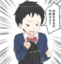 Rule 34 | &gt; &lt;, 1boy, black hair, blue sweater, blush, bow, bowtie, closed eyes, collared shirt, commentary request, crossdressing, emphasis lines, facing viewer, highres, holding, long sleeves, male focus, open mouth, original, popped collar, red bow, red bowtie, round teeth, shirt, sleeves past wrists, solo, sweater, teeth, translation request, trap, upper body, white background, wing collar, yuki arare
