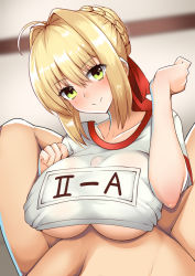 Rule 34 | 1boy, 1girl, ahoge, bad id, bad pixiv id, blonde hair, blush, breasts, closed mouth, collarbone, commentary request, dain (bishop m), fate/extra, fate/grand order, fate (series), green eyes, gym uniform, hair intakes, hair ribbon, head out of frame, hetero, large breasts, looking at viewer, nero claudius (fate), nero claudius (fate) (all), nero claudius (fate/extra), nero claudius (olympian bloomers) (fate), official alternate costume, paizuri, paizuri under clothes, red ribbon, ribbon, short hair, short sleeves, solo focus