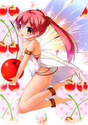 Rule 34 | 10s, 1girl, :d, ankleband, anklet, armband, armlet, bare shoulders, barefoot, barefoot sandals (jewelry), brown eyes, cherry, choker, dress, emanuella porlallora, fairy wings, feet, food, from side, fruit, hentai ouji to warawanai neko., highres, holding, jewelry, kaho okashii, mini person, minigirl, no panties, open mouth, pink hair, smile, solo, tareme, thighs, twintails, white dress, wings