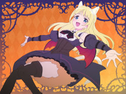 Rule 34 | 1girl, :d, animal ear fluff, animal ears, argyle, argyle background, argyle clothes, bare shoulders, black dress, black neckwear, black sleeves, black thighhighs, blonde hair, blue eyes, breasts, center frills, collared shirt, commentary request, detached sleeves, dress, feet out of frame, frills, juliet sleeves, long hair, long sleeves, md5 mismatch, open mouth, original, outstretched arms, puffy sleeves, resolution mismatch, shirt, sleeveless, sleeveless dress, sleeves past wrists, small breasts, smile, solo, source larger, tail, thighhighs, tonbi, very long hair, white shirt