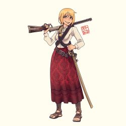 Rule 34 | 1girl, :d, absurdres, antenna hair, bandolier, beige background, blonde hair, braid, braided ponytail, full body, gun, hair between eyes, highres, holding, holding gun, holding weapon, lever action, long sleeves, looking at viewer, mexican dress, open mouth, original, rifle, saber (weapon), sandals, sheath, sheathed, simple background, smile, solo, sword, teeth, weapon, willy pete, winchester model 1894, yellow eyes