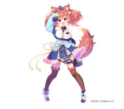 Rule 34 | 1girl, :d, animal ear fluff, animal ears, aoi yun, arm up, bare shoulders, blue hat, blue jacket, blue skirt, blush, boots, breasts, brown hair, brown thighhighs, collared shirt, commentary request, copyright notice, copyright request, dog ears, dog girl, dog hair ornament, dog tail, dress shirt, fang, full body, fur-trimmed legwear, fur trim, hair between eyes, hair ornament, hat, head tilt, jacket, large breasts, legs apart, long sleeves, looking at viewer, mini hat, off shoulder, official art, open clothes, open jacket, open mouth, purple eyes, shirt, simple background, skirt, sleeveless, sleeveless shirt, sleeves past fingers, sleeves past wrists, smile, solo, standing, tail, thick eyebrows, thighhighs, thighhighs under boots, twintails, watermark, white background, white footwear, white shirt