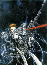Rule 34 | 00s, 1boy, aiming, brown hair, gun, handgun, highres, huge weapon, looking afar, machinery, male focus, official art, outstretched arm, rifle, shibamoto thores, short hair, sniper rifle, solo, tres iqus, trinity blood, uniform, upper body, very short hair, weapon