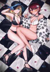 Rule 34 | 2girls, absurdres, alice lendrott, argyle, argyle background, argyle clothes, arm behind head, arm support, armpits, bare legs, bare shoulders, bikini, black bikini, black footwear, black headwear, black nails, blonde hair, blue eyes, blue ribbon, breasts, caph, checkered background, cleavage, closed mouth, cross, cross earrings, earrings, frilled bikini, frills, fur jacket, gold necklace, hair over one eye, hand in own hair, hat, hat ribbon, high heels, highres, inoue koharu, jacket, jewelry, large breasts, lips, long hair, looking at viewer, medium breasts, midriff, multiple girls, nail polish, navel, necklace, official art, parted lips, petals, platform footwear, pumps, purple eyes, red hair, ribbon, ring, sandals, shinigami bocchan to kuro maid, short hair, side-tie bikini bottom, stomach, sunglasses, swimsuit, v, white-framed eyewear, white bikini, white footwear
