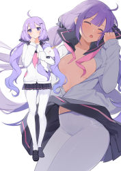 Rule 34 | 1girl, ahoge, azur lane, black footwear, black skirt, blush, breasts, cardigan, commentary, expressionless, full body, hair ornament, highres, holding, holding stuffed toy, light purple hair, loafers, long hair, looking at viewer, medium breasts, miniskirt, multiple views, neckerchief, no bra, official alternate costume, open clothes, open mouth, open shirt, pantyhose, pink neckwear, pleated skirt, purple eyes, sailor collar, scrunchie, shirt, shoes, simple background, skirt, sleeping, standing, stuffed toy, stuffed unicorn, twintails, undone neckerchief, unicorn (azur lane), unicorn (long-awaited date) (azur lane), white background, white cardigan, white pantyhose, white shirt, x hair ornament, yayako (804907150)