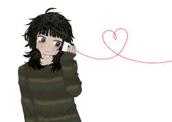 Rule 34 | 1girl, antenna hair, black eyes, black hair, black nails, commentary, cup, disposable cup, green sweater, heart, highres, holding, kms2605, looking to the side, medium hair, messy hair, nail polish, original, simple background, solo, string phone, striped clothes, striped sweater, sweater, symbol-only commentary, tears, white background, wire