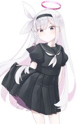 Rule 34 | 1girl, black hairband, black sailor collar, black serafuku, black shirt, black skirt, blue archive, braid, closed mouth, comah, commentary request, grey eyes, grey hair, hair ribbon, hairband, halo, highres, long hair, looking at viewer, neckerchief, plana (blue archive), pleated skirt, puffy short sleeves, puffy sleeves, ribbon, sailor collar, school uniform, serafuku, shirt, short sleeves, simple background, single braid, skirt, skirt hold, solo, standing, very long hair, white background, white neckerchief, white ribbon