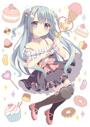Rule 34 | 1girl, bare shoulders, black thighhighs, blue eyes, blue hair, cake, cake slice, candy, checkerboard cookie, choker, cookie, cross, cross choker, cupcake, detached sleeves, doughnut, food, frilled thighhighs, frills, fruit, hair ornament, heart, holding, ice cream, ice cream cone, jelly bean, lollipop, long hair, looking at viewer, magical girl, mary janes, matching hair/eyes, md5 mismatch, original, pastel colors, pudding, riria (happy strawberry), shoes, smile, solo, sparkle, sprinkles, star (symbol), star hair ornament, strawberry, strawberry shortcake, thighhighs, two side up, wafer stick, wand, white background, zettai ryouiki