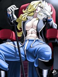 Rule 34 | 1girl, amestris military uniform, black footwear, blonde hair, blue eyes, boots, breasts, chair, coat, fullmetal alchemist, gloves, hair over one eye, highres, jgeorgedrawz, large breasts, lips, long hair, military, military uniform, no shirt, olivier mira armstrong, open clothes, open coat, pants, scar, scar on chest, sitting, solo, sword, uniform, weapon, white gloves