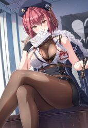 Rule 34 | 1girl, belt, beret, black bra, black gloves, bodystocking, bra, brown pantyhose, cleavage, crossed legs, earrings, fingerless gloves, gloves, hat, heart, heart necklace, heterochromia, highres, holding, holding paper, hololive, houshou marine, houshou marine (businesswoman), id card, iroha (unyun), jewelry, lanyard, light particles, necklace, official alternate costume, pantyhose, paper, red eyes, red hair, see-through, see-through cleavage, short hair, sitting, smile, solo, thighs, underwear, virtual youtuber, yellow eyes