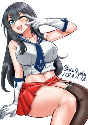 Rule 34 | 1girl, absurdres, agano (kancolle), anchor symbol, black hair, black sailor collar, black thighhighs, breasts, dated, dress, feet out of frame, garter straps, green eyes, highres, kantai collection, katou shinobu, large breasts, long hair, navel, one eye closed, open mouth, pleated dress, red skirt, round teeth, sailor collar, shirt, simple background, single garter strap, single thighhigh, sitting, skirt, sleeveless, sleeveless shirt, solo, teeth, thighhighs, twitter username, upper teeth only, v over eye, white background, white shirt