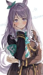 Rule 34 | 1girl, animal ears, aqua bow, aqua ribbon, armband, black jacket, black skirt, blush, bow, character name, closed mouth, commentary, ear ribbon, hand on own cheek, hand on own face, hand up, highres, horse ears, horse girl, horse tail, jacket, long hair, long sleeves, looking at viewer, mejiro mcqueen (umamusume), open clothes, open jacket, purple eyes, purple hair, ribbon, saya (mychristian2), signature, simple background, skirt, solo, tail, umamusume, upper body, white background