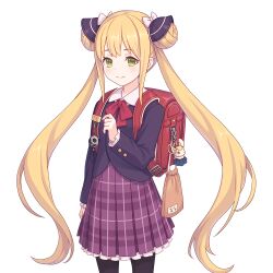 Rule 34 | 1girl, backpack, bag, black jacket, green eyes, jacket, long hair, looking at viewer, luna (shadowverse), necktie, official art, pantyhose, pleated skirt, princess connect!, red bag, red necktie, school uniform, shadowverse, skirt, tachi-e, transparent background, twintails