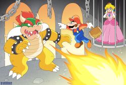 Rule 34 | 1girl, 2boys, blue eyes, bowser, breasts, brooch, brown hair, cage, claws, crown, dress, earrings, facial hair, fire, gloves, hammer, horns, jewelry, jumping, looking at another, mario, mario (series), medium breasts, multiple boys, mustache, nico-neko, nintendo, open mouth, overalls, pink dress, princess peach, red hair, spiked shell, super mario bros. 1