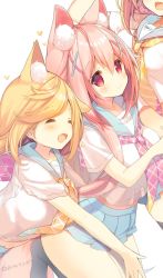 Rule 34 | 2girls, amamiya aki, animal ear fluff, animal ears, blazer, blonde hair, blue skirt, blush, commentary, dress shirt, fox ears, fox tail, hair between eyes, hair ornament, hairclip, highres, holding hands, jacket, long hair, low twintails, milia leclerc, multiple girls, open mouth, original, outdoors, p19, pink hair, pleated skirt, red eyes, scarf, school uniform, shirt, siblings, sisters, skirt, sky, smile, tail, thighhighs, twintails, twitter username, very long hair, virtual youtuber, white shirt, x hair ornament