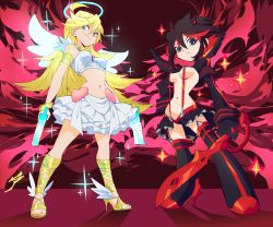 Rule 34 | 2girls, absurdres, aetherion, black hair, blonde hair, boots, breasts, crossover, gun, high heel boots, high heels, highres, kill la kill, matoi ryuuko, multiple girls, panty &amp; stocking with garterbelt, panty (psg), skirt, sword, thigh boots, thighhighs, weapon, weapons, wings