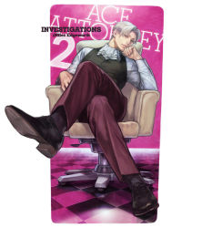 Rule 34 | 1boy, a k i, capcom, chair, ascot, formal, grey hair, ace attorney investigations, ace attorney investigations 2, ace attorney, crossed legs, male focus, miles edgeworth, short hair, sitting, smile, solo, suit
