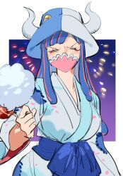 Rule 34 | 1girl, ahoge, blue hair, blue kimono, blush, candy apple, closed eyes, cotton candy, covered mouth, curled horns, dinosaur girl, food, holding, holding food, horns, japanese clothes, kimono, long hair, mask, mouth mask, multicolored hair, one piece, pink hair, pink mask, raine (acke2445), solo, streaked hair, two-tone headwear, ulti (one piece)
