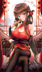 Rule 34 | 1girl, ahoge, arm warmers, bare shoulders, black thighhighs, breasts, brown eyes, brown hair, china dress, chinese clothes, cleavage, cleavage cutout, clothing cutout, crossed legs, dress, dsr-50 (girls&#039; frontline), dsr-50 (red peony) (girls&#039; frontline), flower, folded fan, folding fan, garter straps, girls&#039; frontline, gold trim, hair flower, hair ornament, hair rings, hand fan, hand up, head tilt, highres, holding, large breasts, lkeris, long hair, looking at viewer, official alternate costume, pelvic curtain, red dress, sitting, sleeveless, sleeveless dress, solo, taut clothes, taut dress, thighhighs, thighs, very long hair