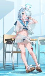 Rule 34 | 1girl, absurdres, arm support, arona (blue archive), bare legs, bikini, blue archive, blue bikini, blue eyes, blue hair, blue sailor collar, bow hairband, braid, colored inner hair, desk, eating, food, full body, hair over one eye, hairband, halo, highres, holding, holding food, holding popsicle, legs, looking at viewer, melting, midriff, multicolored hair, navel, official alternate costume, pink hair, popsicle, sailor collar, sandals, school desk, see-through, short hair, skirt, solo, stomach, swimsuit, timo wei95, toes, tongue, tongue out, twin braids, white hairband, white skirt