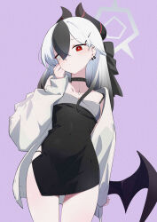 Rule 34 | 1girl, absurdres, black dress, black hair, black horns, black wings, blue archive, blush, breasts, cleavage, closed mouth, collarbone, cowboy shot, demon horns, demon wings, dress, grey halo, grey jacket, hair between eyes, halo, highres, horns, jacket, kayoko (blue archive), kayoko (dress) (blue archive), long hair, long sleeves, multicolored hair, official alternate costume, open clothes, open jacket, purple background, red eyes, simple background, single wing, small breasts, solo, wako (1194433260), white hair, wings