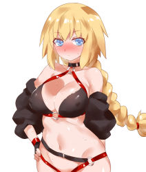 Rule 34 | 1girl, alternate costume, bad id, bad pixiv id, bare shoulders, bikini, black bikini, black jacket, blonde hair, blue eyes, blush, braid, breasts, choker, cleavage, collarbone, commentary request, cosplay, covered erect nipples, cowboy shot, cropped jacket, fate/grand order, fate (series), groin, hair between eyes, jacket, jeanne d&#039;arc (fate), jeanne d&#039;arc (ruler) (fate), jeanne d&#039;arc (swimsuit archer) (fate), jeanne d&#039;arc alter (fate), jeanne d&#039;arc alter (swimsuit berserker) (fate), jeanne d&#039;arc alter (swimsuit berserker) (fate) (cosplay), large breasts, long braid, long hair, looking at viewer, navel, o-ring, shrug (clothing), single braid, solo, stomach, swimsuit, thighs, very long hair, yostxxx