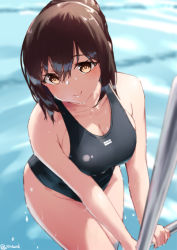 Rule 34 | 1girl, black one-piece swimsuit, blush, breasts, brown eyes, brown hair, cleavage, closed mouth, collarbone, competition swimsuit, jonsun, large breasts, long hair, looking at viewer, medium breasts, one-piece swimsuit, original, pool, poolside, smile, solo, swimsuit, thighs, wet