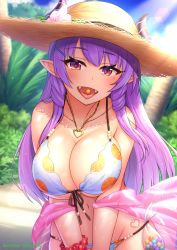 Rule 34 | 1girl, artist name, beach, bikini, breasts, cleavage, cloud, collarbone, commentary request, day, demon girl, fangs, hair ornament, hairclip, hat, heart, heart necklace, highres, horns, horns through headwear, jewelry, large breasts, long hair, looking at viewer, navel, necklace, open mouth, original, outdoors, oyaji-sou, pointy ears, print bikini, purple eyes, purple hair, red scrunchie, sarong, scrunchie, sidelocks, solo, straw hat, sunlight, swimsuit, tongue, tongue out, very long hair, wrist scrunchie